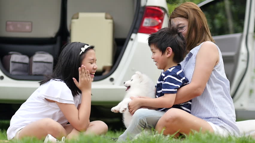 Asian family playing with siberian husky puppy in the park slow motion