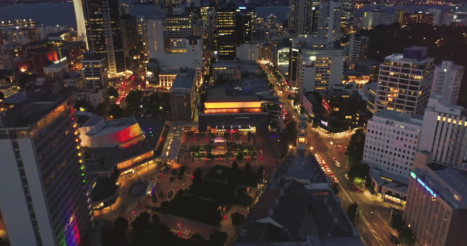 Aerial view of Auckland city skyline and skytower at night , New Zealand