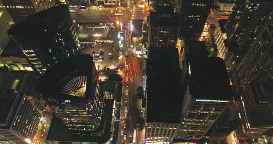 Aerial view of Auckland city skyline and skytower at night , New Zealand