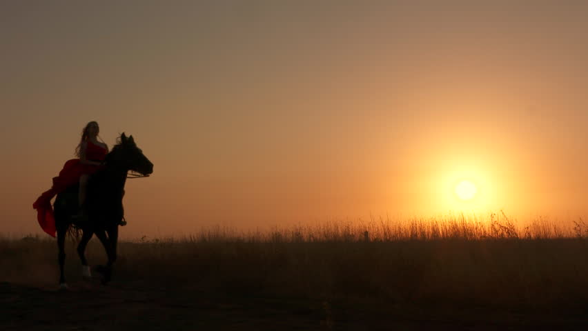 Young girl in red dress riding black horse against the sun. Rider with her stallion trotting across a field at sunset. Long gown blowing in the wind. Horseback riding in slow motion. Royalty-Free Stock Footage #29757301