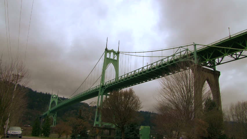Storm clouds moving fast over the St. John's Bridge in Portland Oregon, time