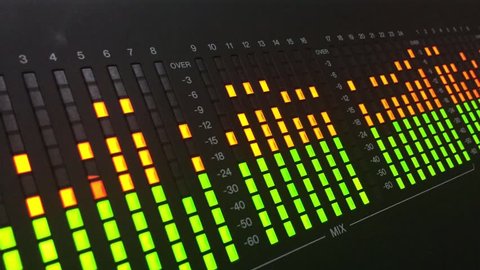 Digital VU meter on audio mixer closeup