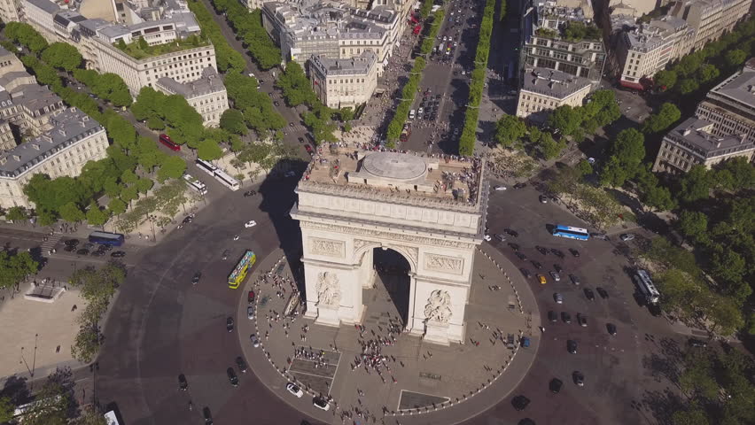 Sunny summer day paris city famous arch de triumph aerial panorama 4k time lapse france