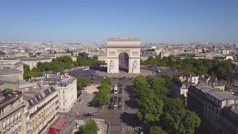 sunny summer day paris city famous arch de triumph aerial panorama 4k time lapse france