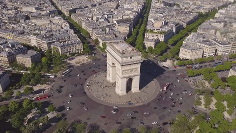 summer day paris cityscape famous arch de triumph traffic circle aerial panorama 4k time lapse france
