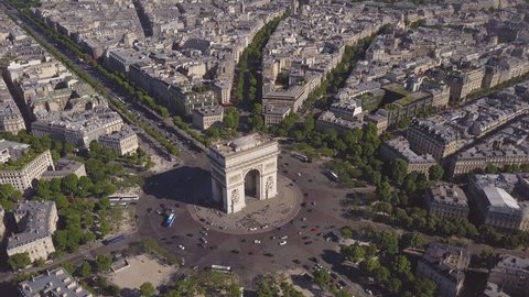 summer day paris cityscape famous arch de triumph traffic circle aerial panorama 4k time lapse france