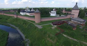 4K aerial video footage view of medieval beautiful Suzdal town, its churches, cathedrals, river Kamenka and area around it on summer day near Vladimir on Golden Ring route 240 km from Moscow, Russia