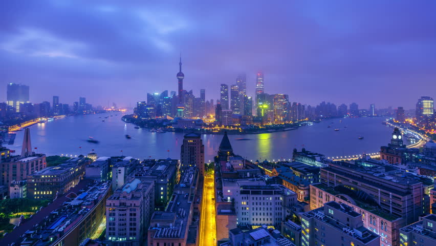 Zoom in Timelapse: China Shanghai Skyline from Dawn to Sunrise. Original Size 8k (7680x4320).  - >>> Please search similar: " ShanghaiSkyline " . 