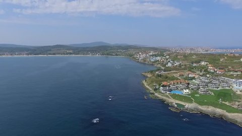 Black sea town of Sozopol near Burgas shotted by drone in summer with sandy beaches