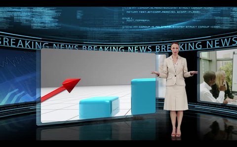 Reporter standing in a studio and reporting business news