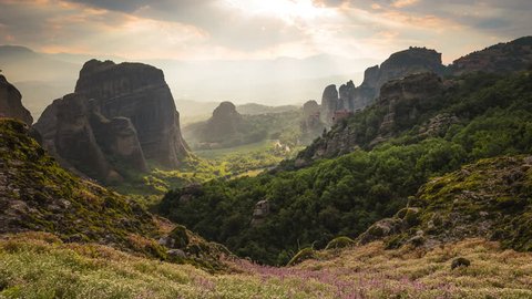 Sun rays chase over a picturesque Meteora view