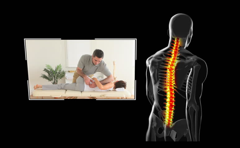 Clips of woman getting physiotherapy on balck digital background with walking skeleton
