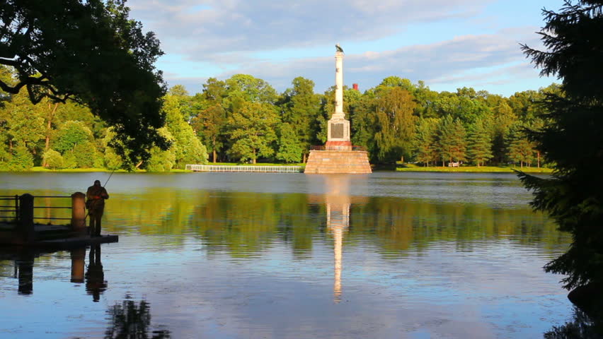 monument on lake in Pushkin park St. Petersburg Russia