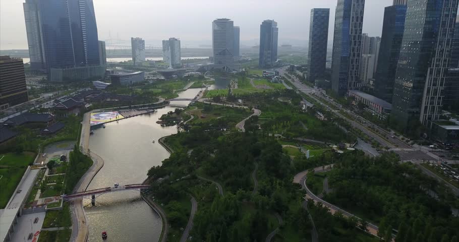 Aerial Of Songdo Central Park, Incheon, South Korea