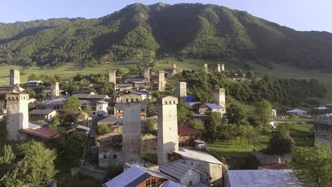 Svaneti Old village in Georgia. Medieval tower. Mestia