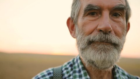 Close up portrait of senior smile man with beard looking to the camera in the golden field on the blue sky background sunny day .Face Happy Farmer Worker summer nature Farming Real people Concept