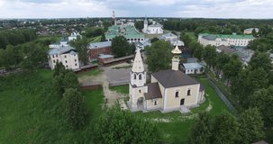 4K aerial video footage view of medieval Suzdal town and Kremlin, its churches, cathedrals, river Kamenka and area around it on summer day near Vladimir on Golden Ring route 240 km from Moscow, Russia