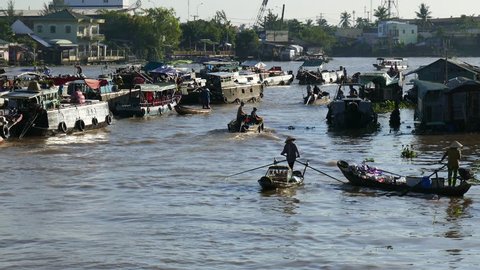 Can Tho city, Viet Nam - 15August, 2017: Cai Rang floating market in Mekong River is characteristic for the West River area casual and rustic in business agricultural commodities in Can Tho, Viet Nam