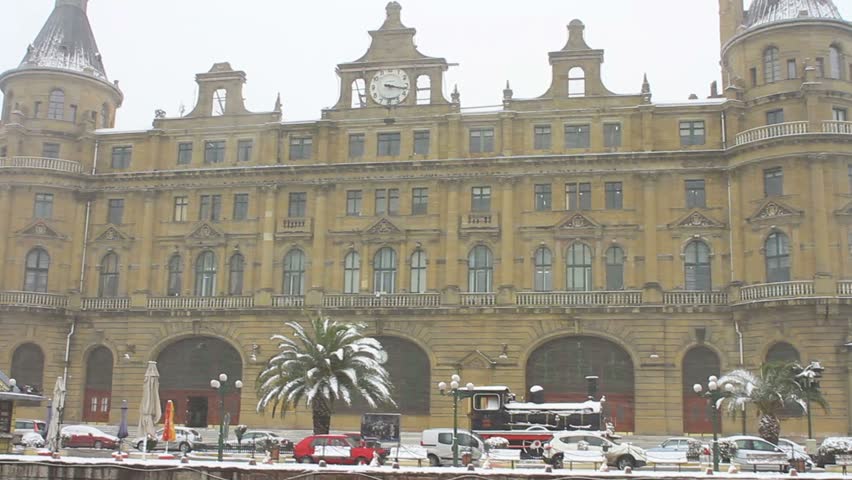 Haydarpasa Train Station in heavy snowfall. Snow in Istanbul, Turkey.
