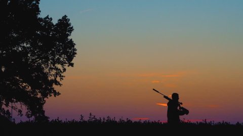 silhouette of a hunter with a gun in the field