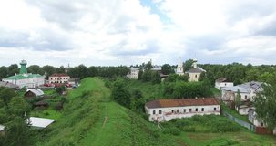 4K aerial video footage view of medieval Suzdal Kremlin town, its churches, cathedrals, fire brigade tower and area around on summer day near Vladimir on Golden Ring route 240 km from Moscow, Russia