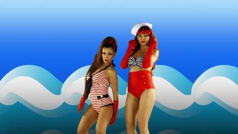 beautiful professional gogo dancing sisters, studio shoot in sailor costumes, with wave design background