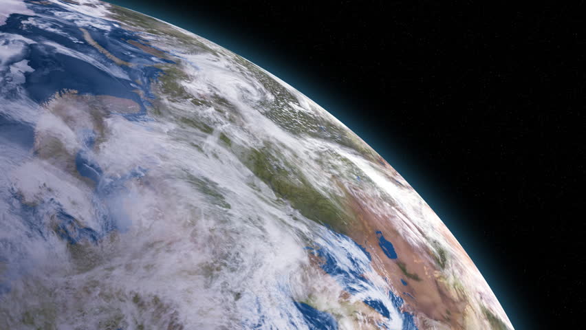A slowly-rotating, high-resolution Earth in space.  Left-justified.