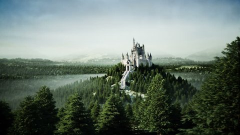 Old fairytale castle on the hill. aerial view. Realistic 4k animation.