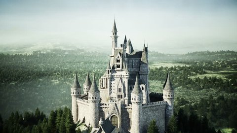 Old fairytale castle on the hill. aerial view. Realistic 4k animation.