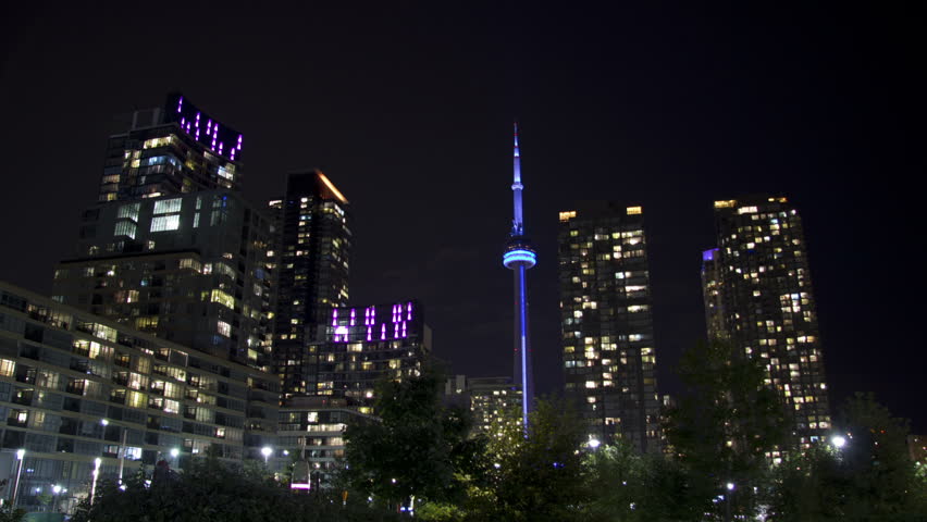 A beautifully colorful zooming time lapse shot of downtown Toronto at night.