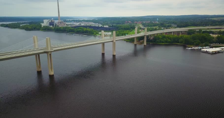 Aerial view of new bridge connecting Minnesota and Wisconsin over the St. Croix River near Stillwater.