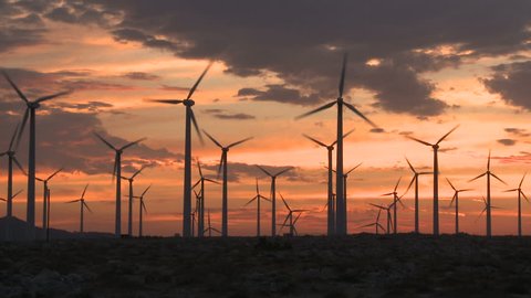 Power Windmills in the California Desert at Sunset