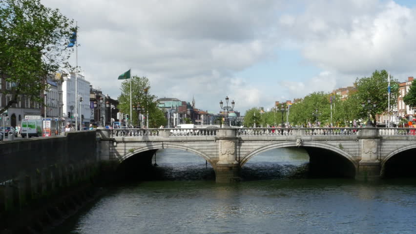 Sunny day view of a bridge across the River Liffey in Dublin.