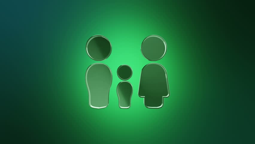 3D Animation rotation of symbol of new born, pregnancy, pregnant woman, baby, children, family, parents, childhood and mothers from glass. Animation of seamless loop.