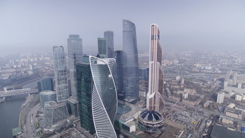 Towers of Moscow City. Aerial shot of skyscrapers of Moscow International Business Centre, Moscow-city, 4K Royalty-Free Stock Footage #29907148