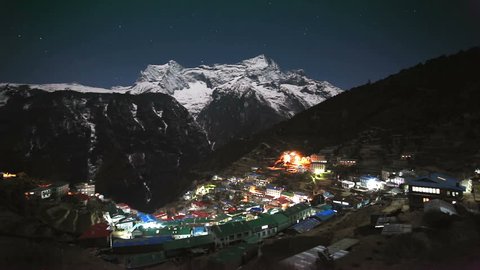 Namche Bazaar at night timelapse, Everest trek in Himalaya, Nepal