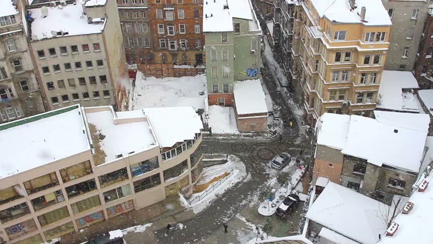 Aerial view of Beyoglu in Winter. Heavy Snowfall in Istanbul, Turkey. 
