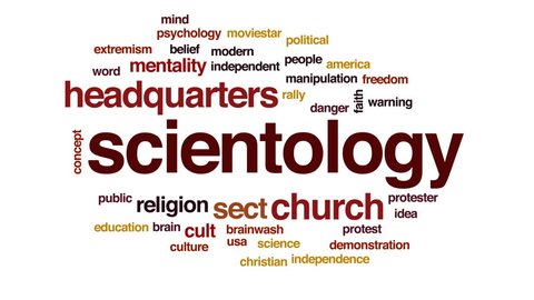 Scientology animated word cloud, text design animation.