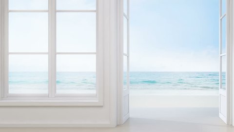 Sea view room with window and door in modern beach house, Luxury white interior of summer home - 3D rendering