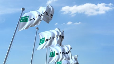 Waving flags with BNP Paribas logo against sky, seamless loop. 4K editorial animation