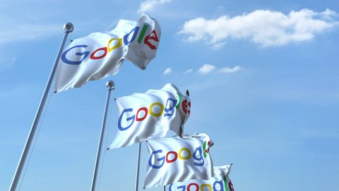 Waving flags with Google logo against sky, seamless loop. 4K editorial animation