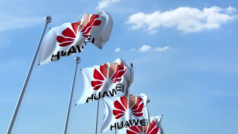 Waving flags with Huawei logo against sky, seamless loop. 4K editorial animation