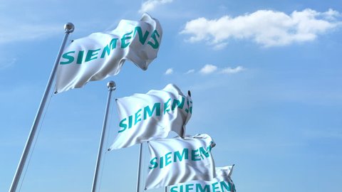 Waving flags with Siemens logo against sky, seamless loop. 4K editorial animation