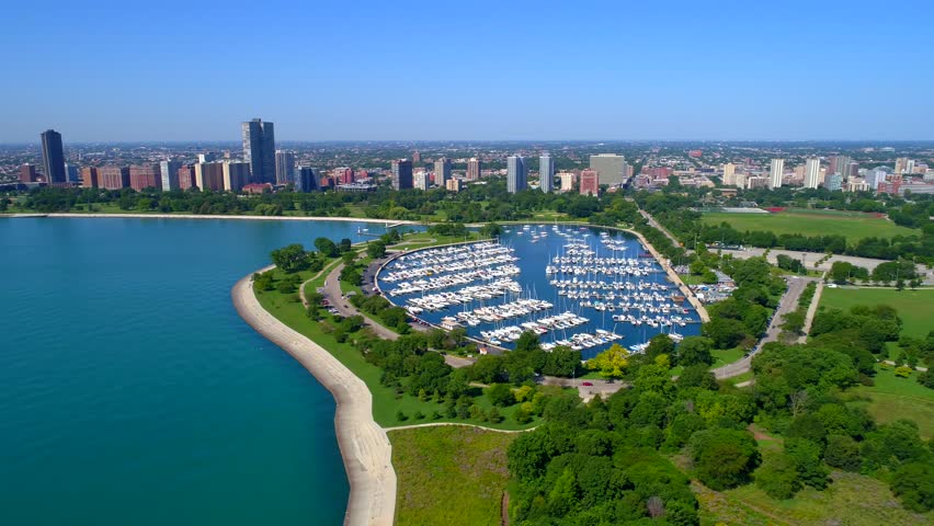 Lateral video Boat harbor aerial Chicago 4k