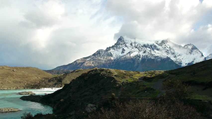 Camera pans to Salto Grande in Torres del Paine national park