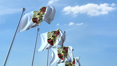 Waving flags with Porsche logo against sky, seamless loop. 4K editorial animation