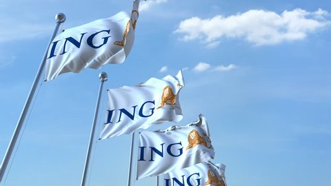 Waving flags with ING logo against sky, seamless loop. 4K editorial animation