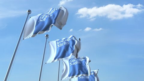 Waving flags with Goldman Sachs logo against sky, seamless loop. 4K editorial animation
