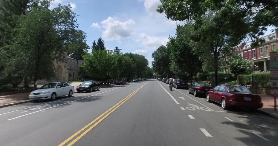 A forward perspective driving in a typical Capitol Hill neighborhood in Washington DC.  	