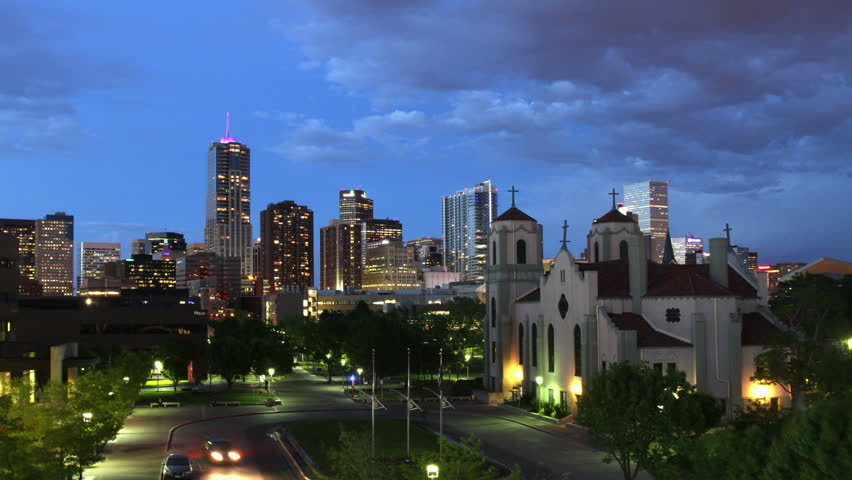 Sunset over the Denver, Colorado skyline, with landmark church in the